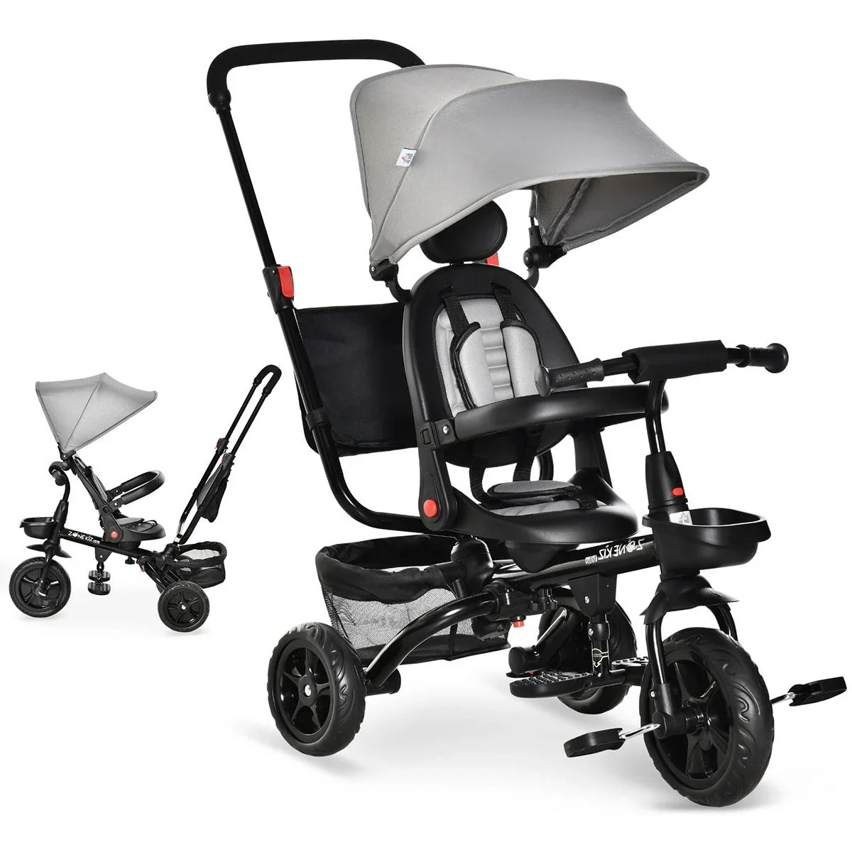 4-in-1 Kinderdreirad Kinder Fahrrad mit Sicherheitsgurt und Sonnendach Dreirad Kinderauto Kinderwagen PP-Kunststoff PA