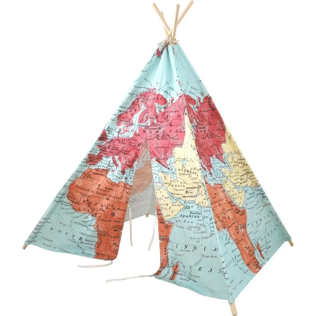 Weltkarte Tipi-Zelt | Mehrfarbig | Wigwam Spielzelt|100% Baumwolle|120x120x160cm