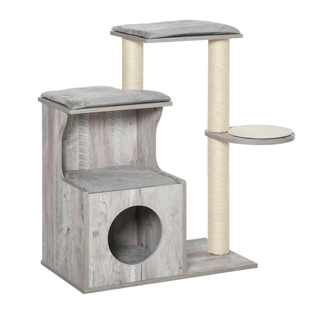 Kratzbaum mit Katzenhöhle Katzenbaum Kletterbaum für Katzen E1 MDF Sisal Grau 66 x 38 x 88 cm