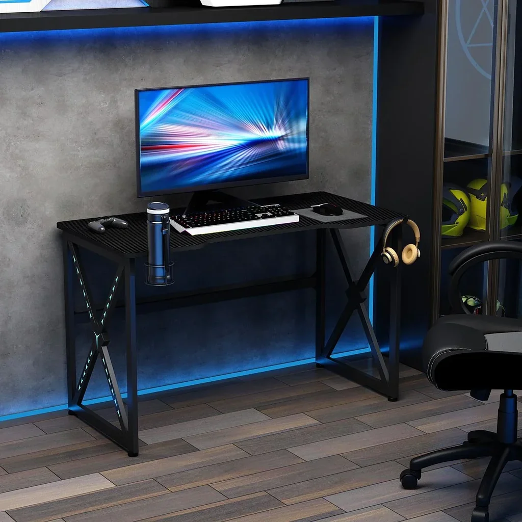 Computertisch mit LED-Leuchten Monitorablage PC Tisch Schreibtisch mit Becherhalter E-Sport-Stil Bürotisch mit verstellb
