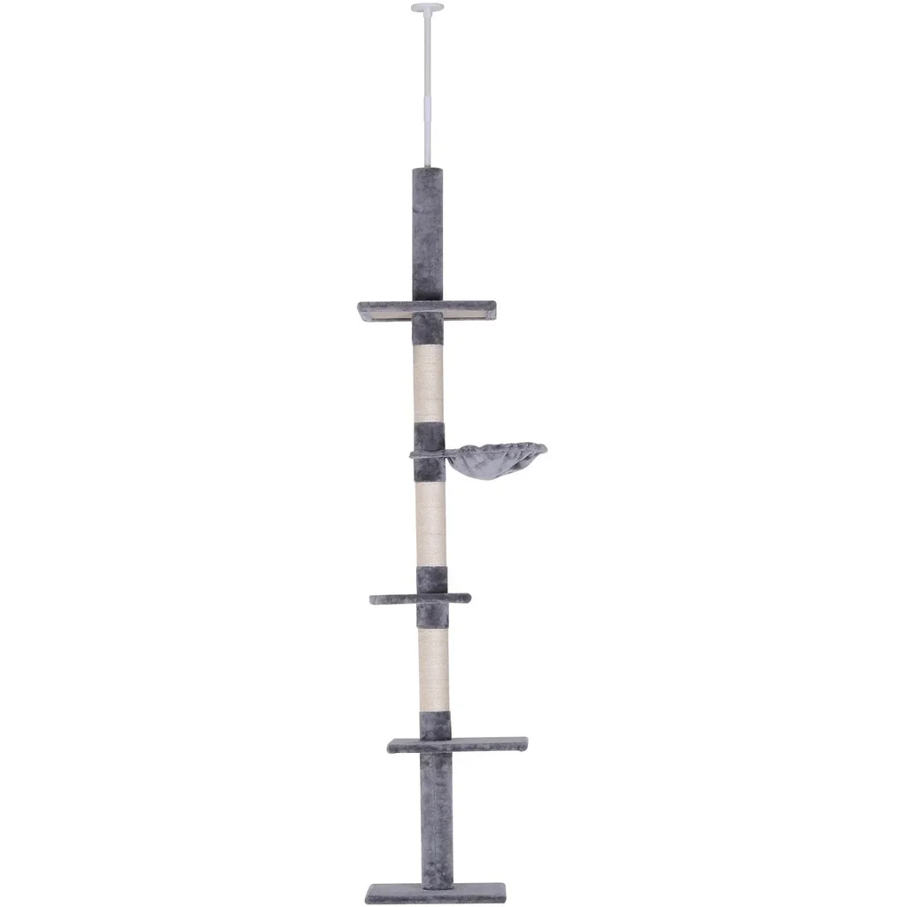 Kratzbaum Kletterbaum Spielbaum Katzenkratzturm deckenhoch höhenverstellbar Holz+Sisal+Plüsch Grau 40x30x(230 260) cm