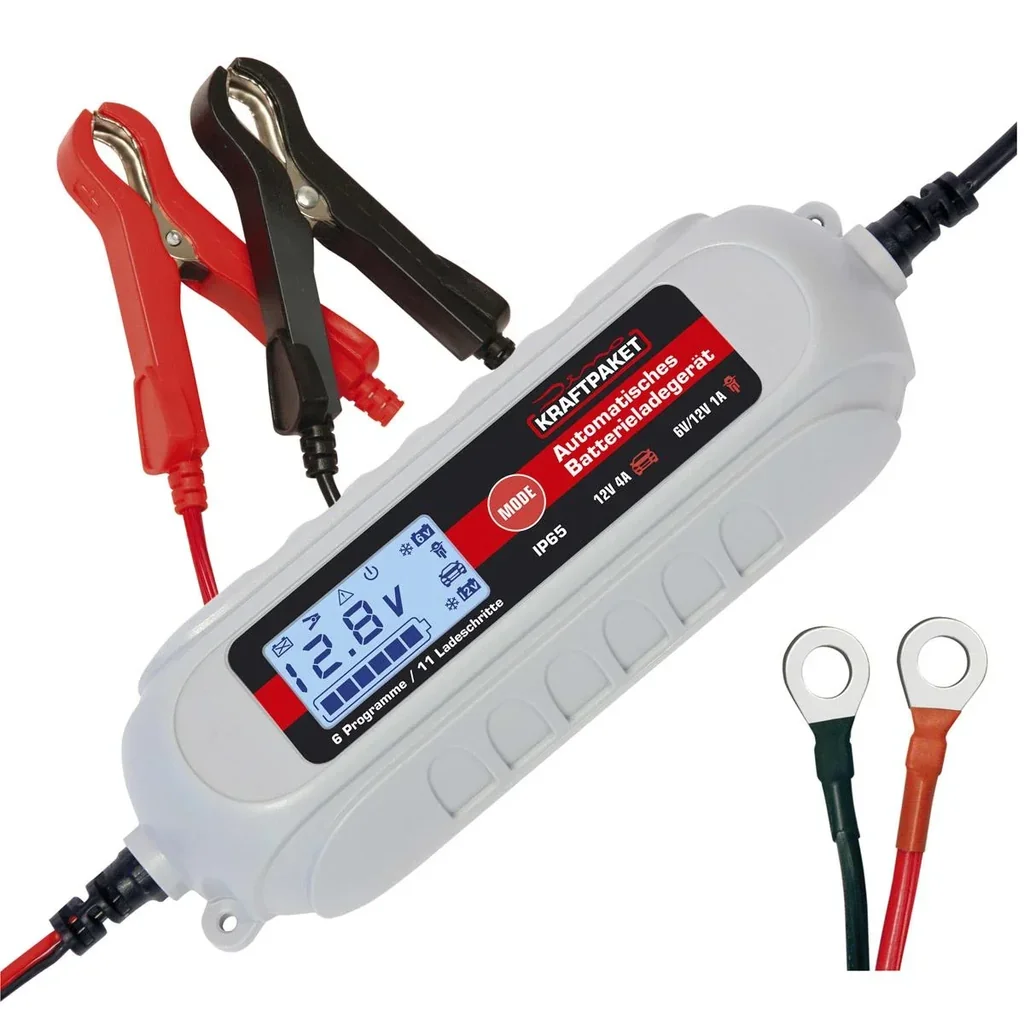 Batterieladegerät 6 / 12 Volt - 4 A - mit Polklemmen und Ringösenkabel