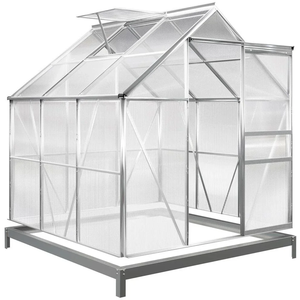 Aluminium-Gewächshaus 5,85 m³ mit Oberlicht, Regenrinne und Fundament