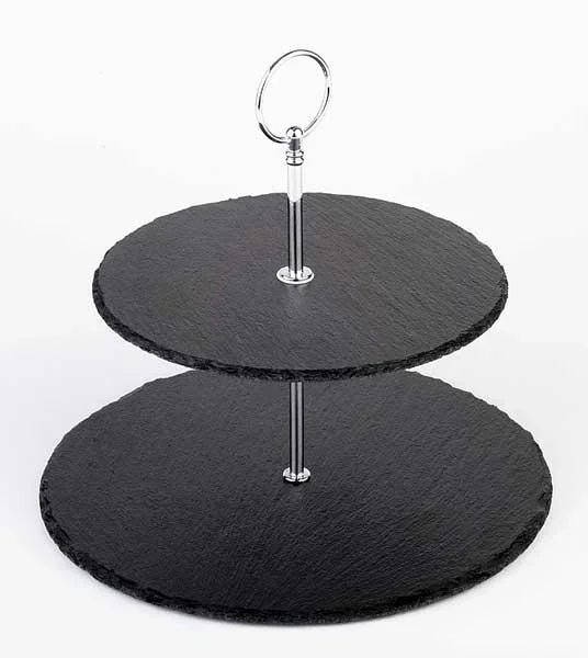 Etagere, 2-stufig, Schieferplatten Ø 25 cm, Ø 20 cm, Höhe 24 cm, Metall verchromt