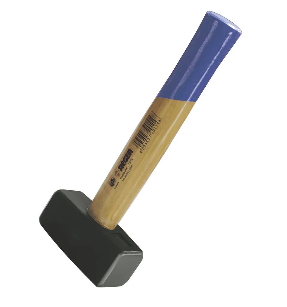 SIEGER-Handfäustel 1.500 g, holz- und ringverkeilt, Hickorystiel 28 cm, Handende blau anlackiert