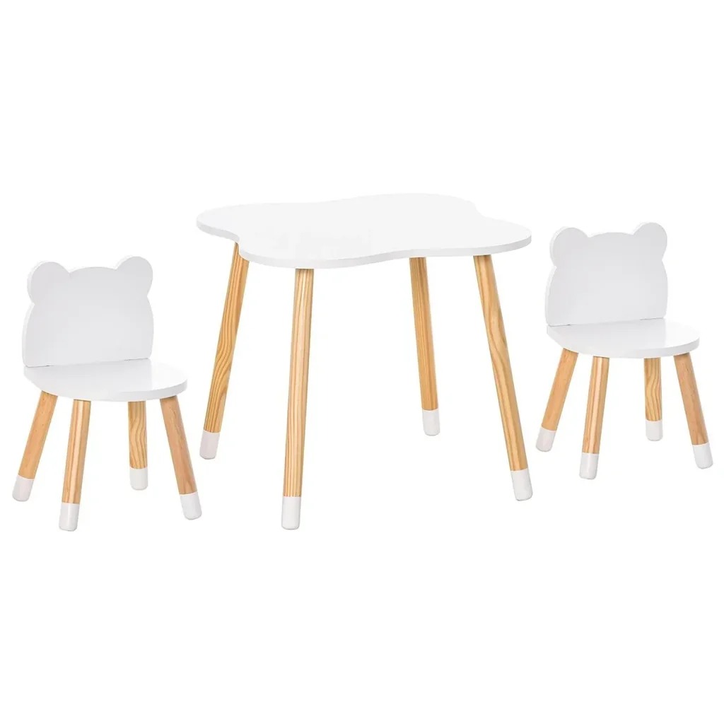 3-teiliges Kindertisch-Set bogenförmige Kindersitzgruppe Tisch mit 2 Stühlen MDF Tischbeine aus Kiefernholz Weiß+Naturho
