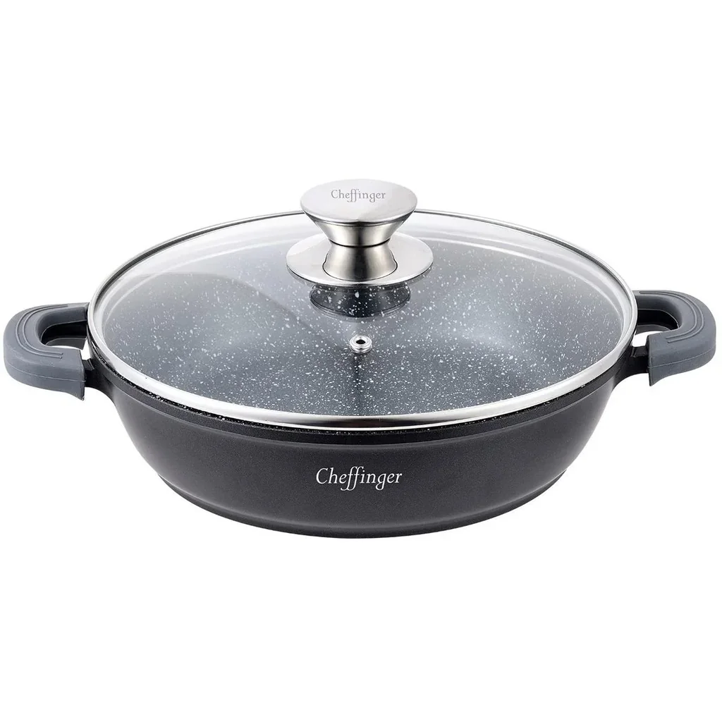 Cheffinger Schmortopf / Niedrige Pfanne / Serviertopf - Marmorbeschichtung - mit abnehmbaren Silikongriffen - SS - 24cm