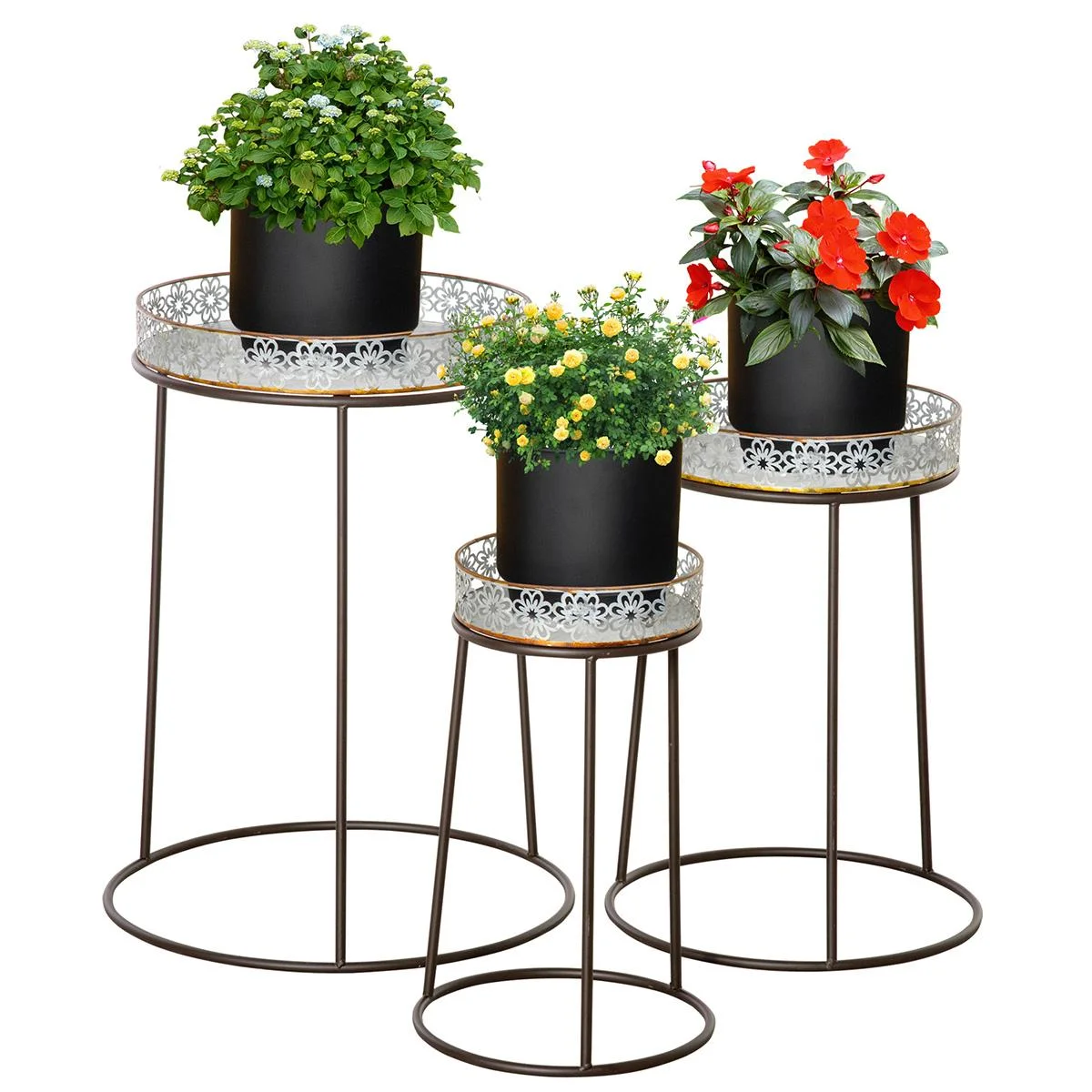 Blumenständer 3er Set aus Metall für Blumentopf Stapelbar Kaffee+Silber