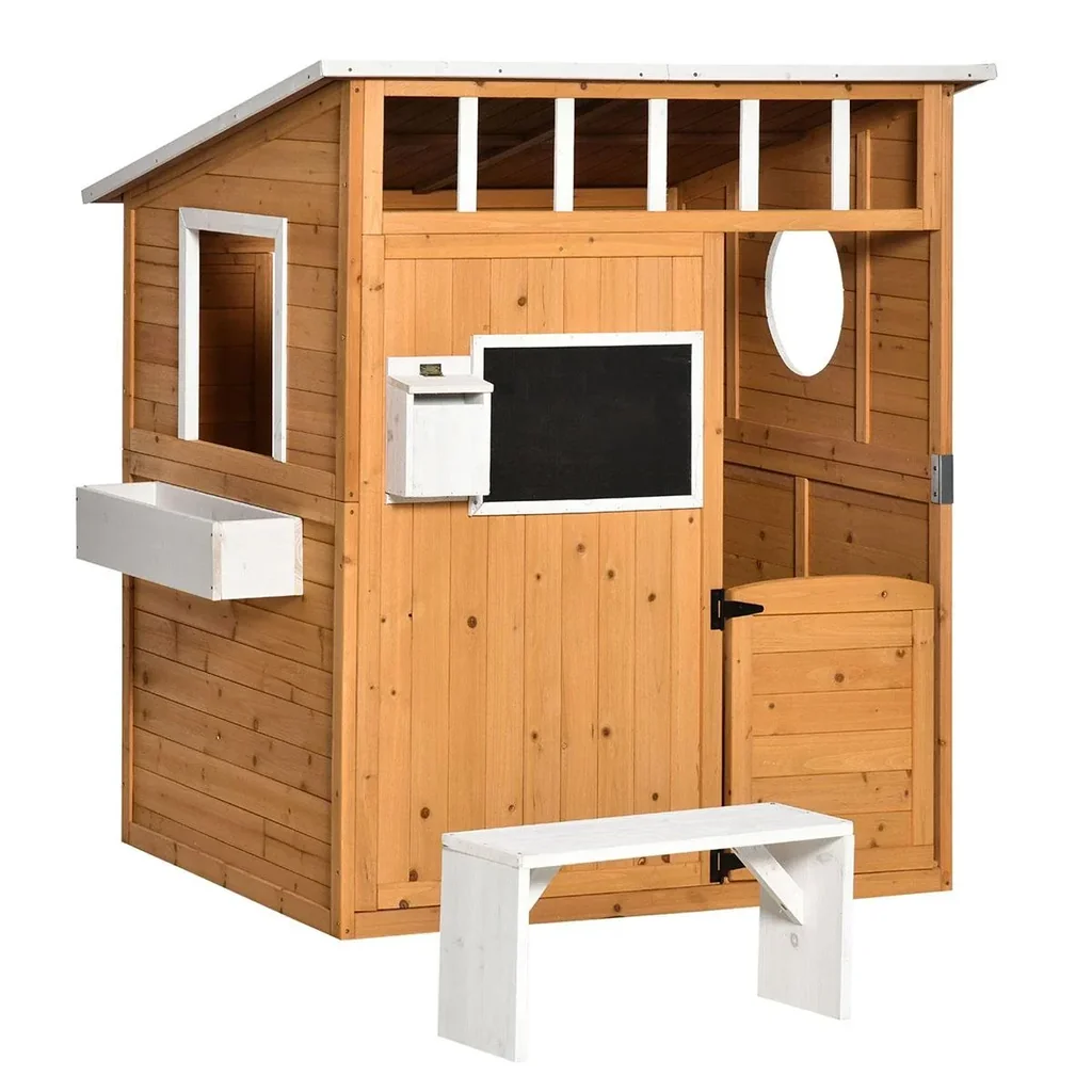 Spielhaus für Kinder Holz mit Fenster Briefkasten mit Blumentopfrack für 3-8 Jahre Tannenholz Gelb 122 x 108 x 135,5 cm