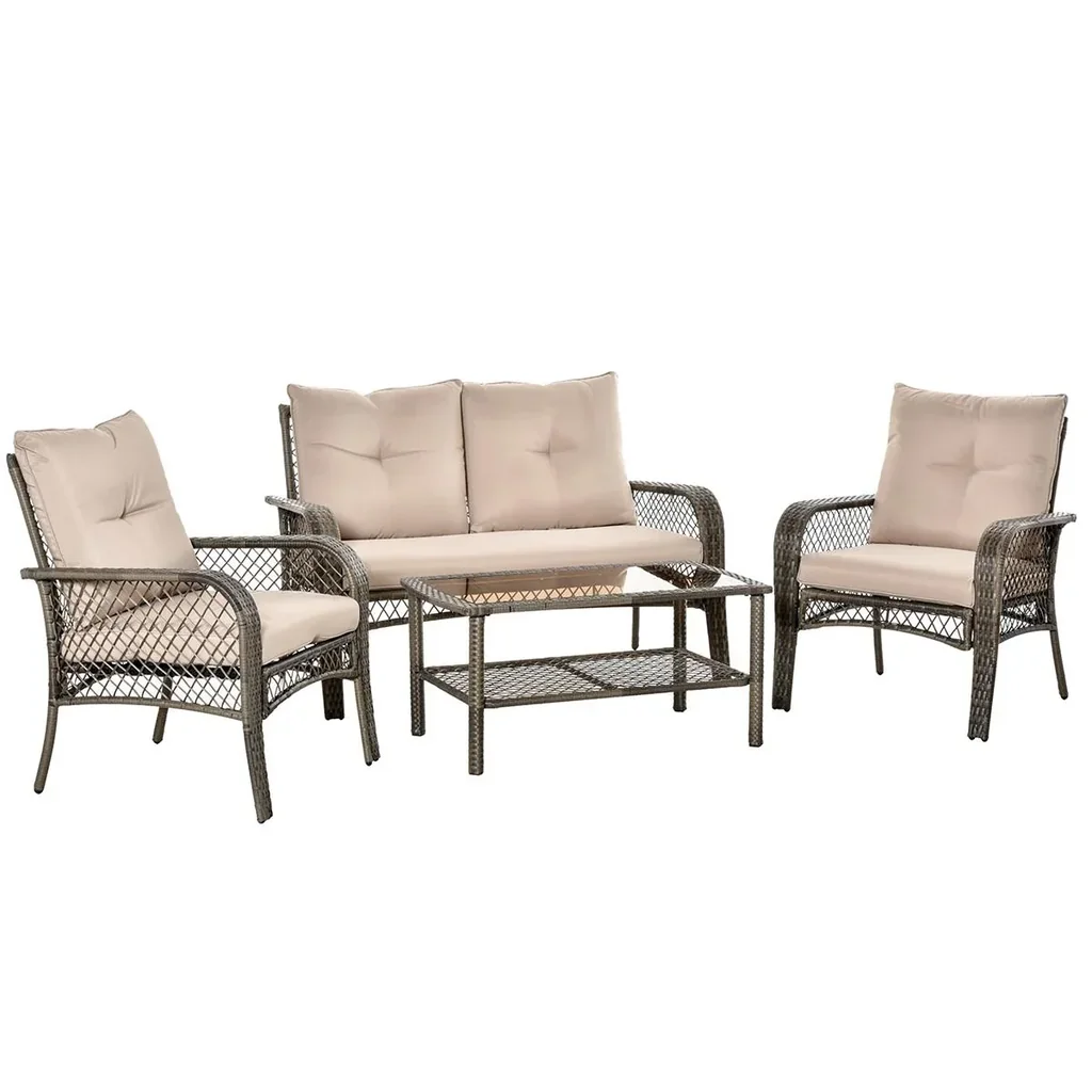 4-tlg. Gartensitzgruppe mit Beistelltisch Kissen Rattan Gartenset Polyrattan Metall Grau 136 x 79 x 88 cm