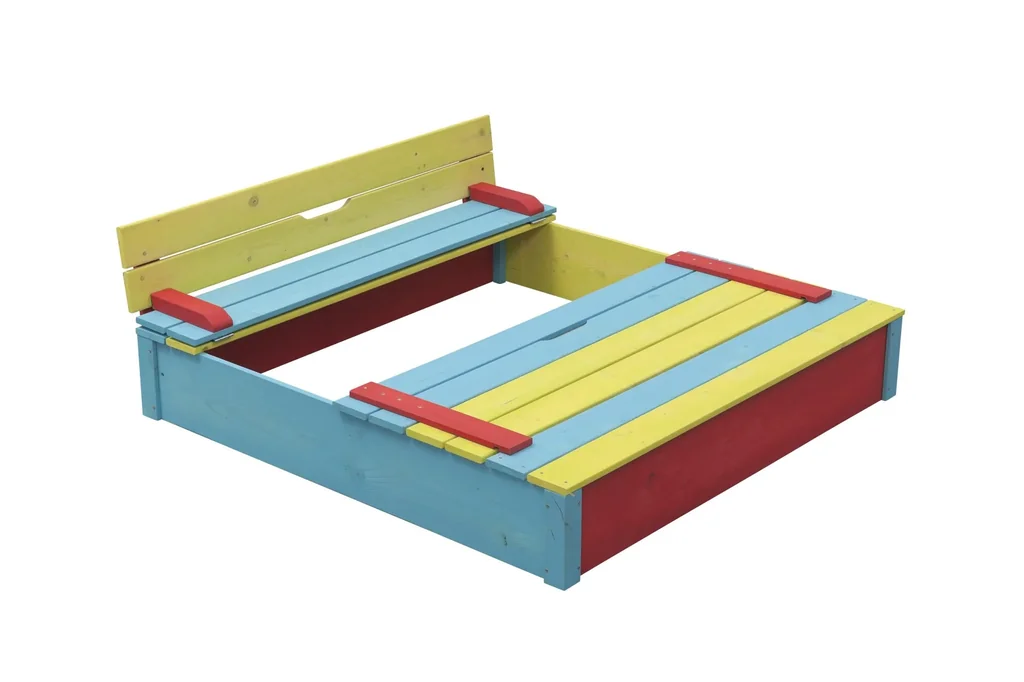 Sandkasten Sepp aus Holz, farbig lasiert mit Klappdeckel 1200 mm x 1200 mm