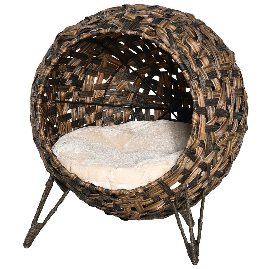 Katzenhaus aus Rattan mit Kissen Katzenshclafplatz Katzenhöhle mit erhöhten Füßen Braun Ø52 x 58 cm