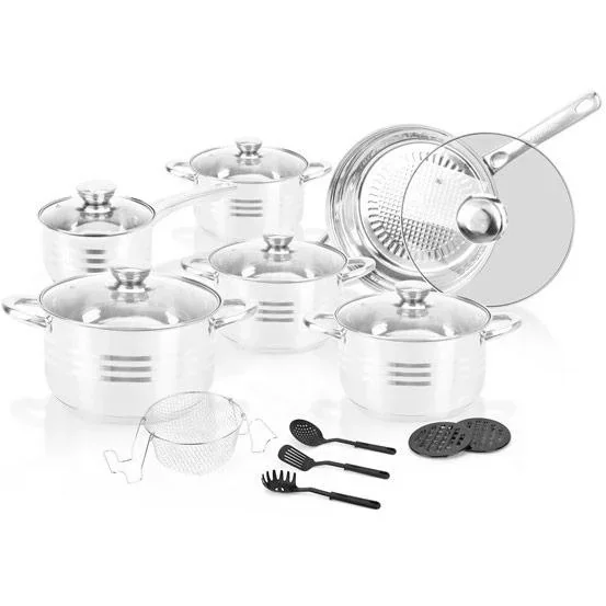 Topf- und Pfannenset - 18 Teile - Inklusive Untersetzer, Deckel und Utensilien - Silber