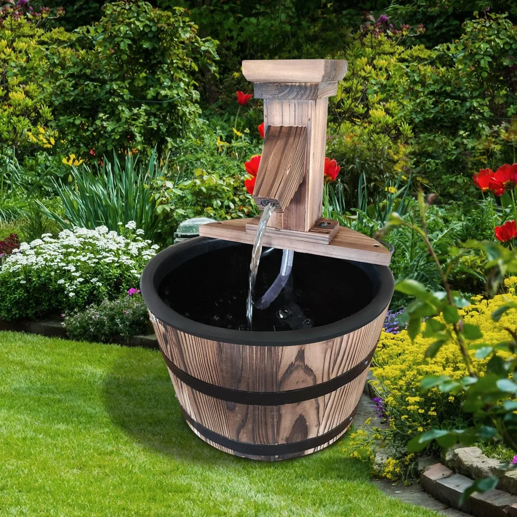 Gartenbrunnen Zierbrunnen Springbrunnen Fassbrunnen Wasserfall Holzfass Dunkelbraun ?27 x 37 cm