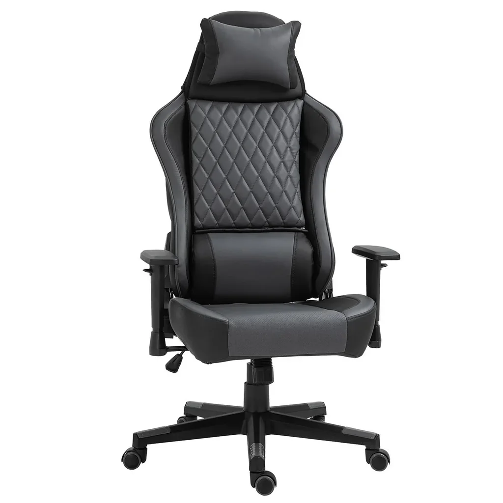 Ergonomischer Gaming Stuhl, mit Wippfunktion höhenverstellbar PU Stahl, Schwarz+Grau, 68 x 63 x 126-133 cm