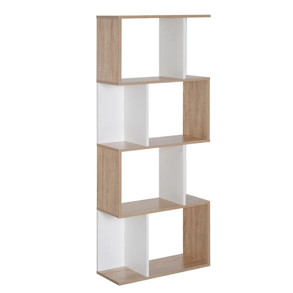 Bücherregal S-förmiges Standregal Lagerregal 4-stufige Vitrine mit Hardware-Schnalle moderner Raumteiler Spanplatte Nat