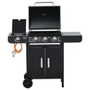 Gasgrill BBQ Grillwagen mit 3 Brennern 1 Seitenbrenner Druckminderer Schläuche Schrank Multifunktion Metall Schwarz 110