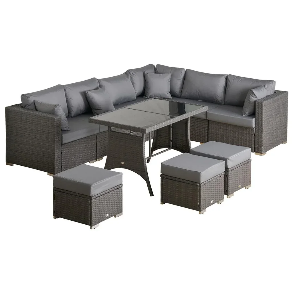 Polyrattan Sitzgarnitur 10 tlg. Sitzgruppe Gartenset Sofagarnitur Gartenmöbel Set Lounge Stahl Luxus Dunkelgrau