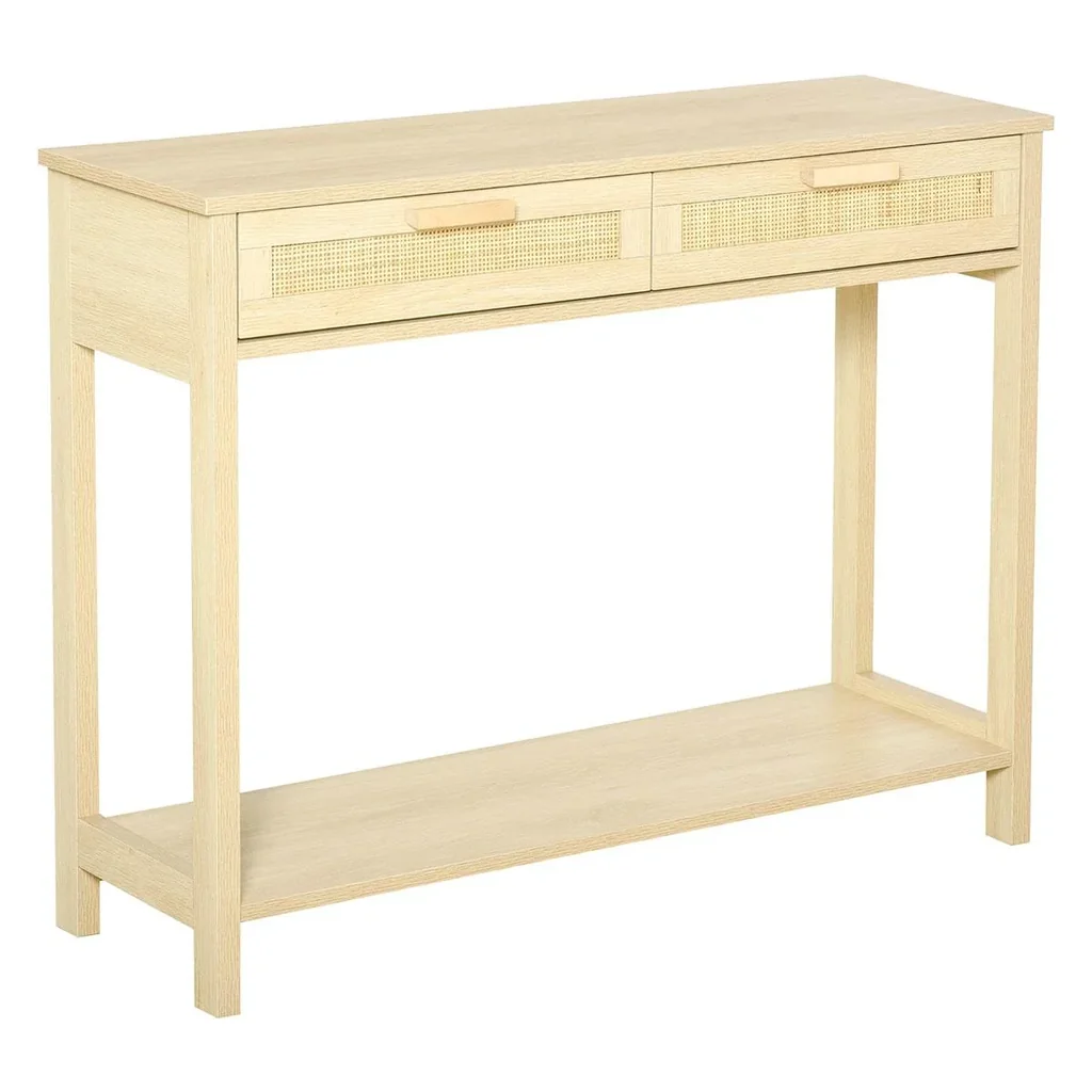 Konsolentisch Beistelltisch Rattan-Design mit 2 Schubladen Sideboard Eingang MDF Spanplatte 100 x 30 x 76 cm