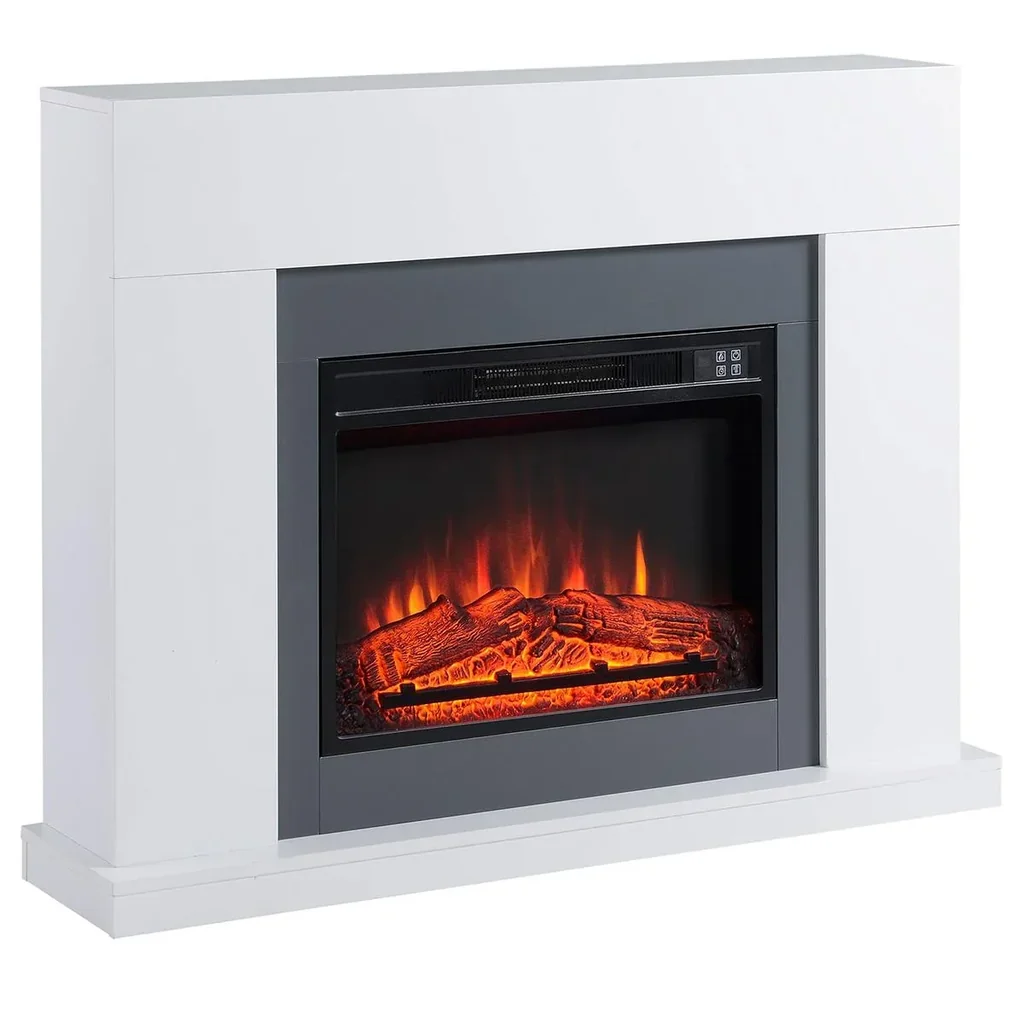 LED Elektrokamin Standkamin Kaminofen mit Flammeneffekt 1800/2000W Innenraumheizung mit Holzrahmen Dekokamin MDF Weiß