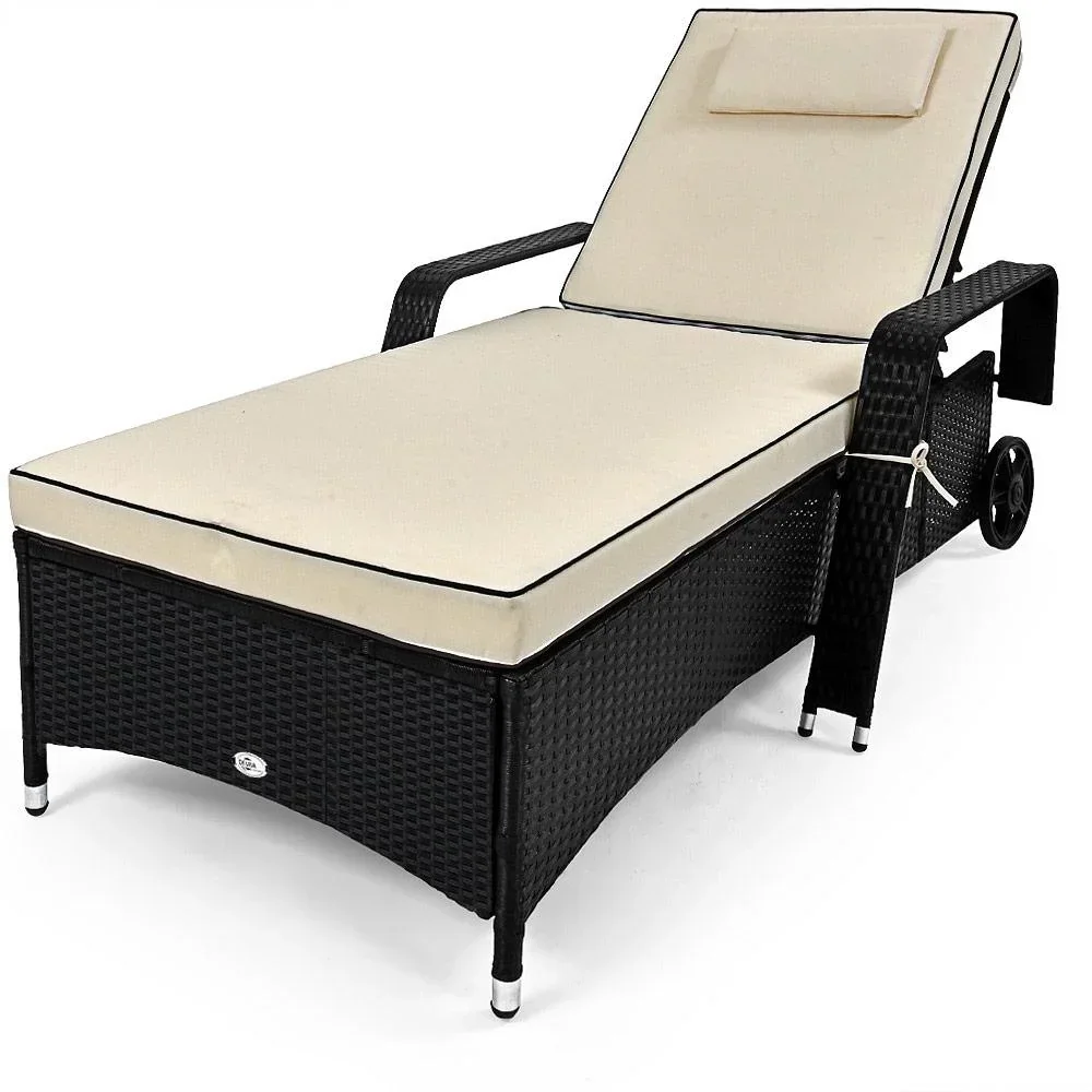 Polyrattan-Liege 193 x 90cm, verstellbare Rückenlehne, mit Kissen