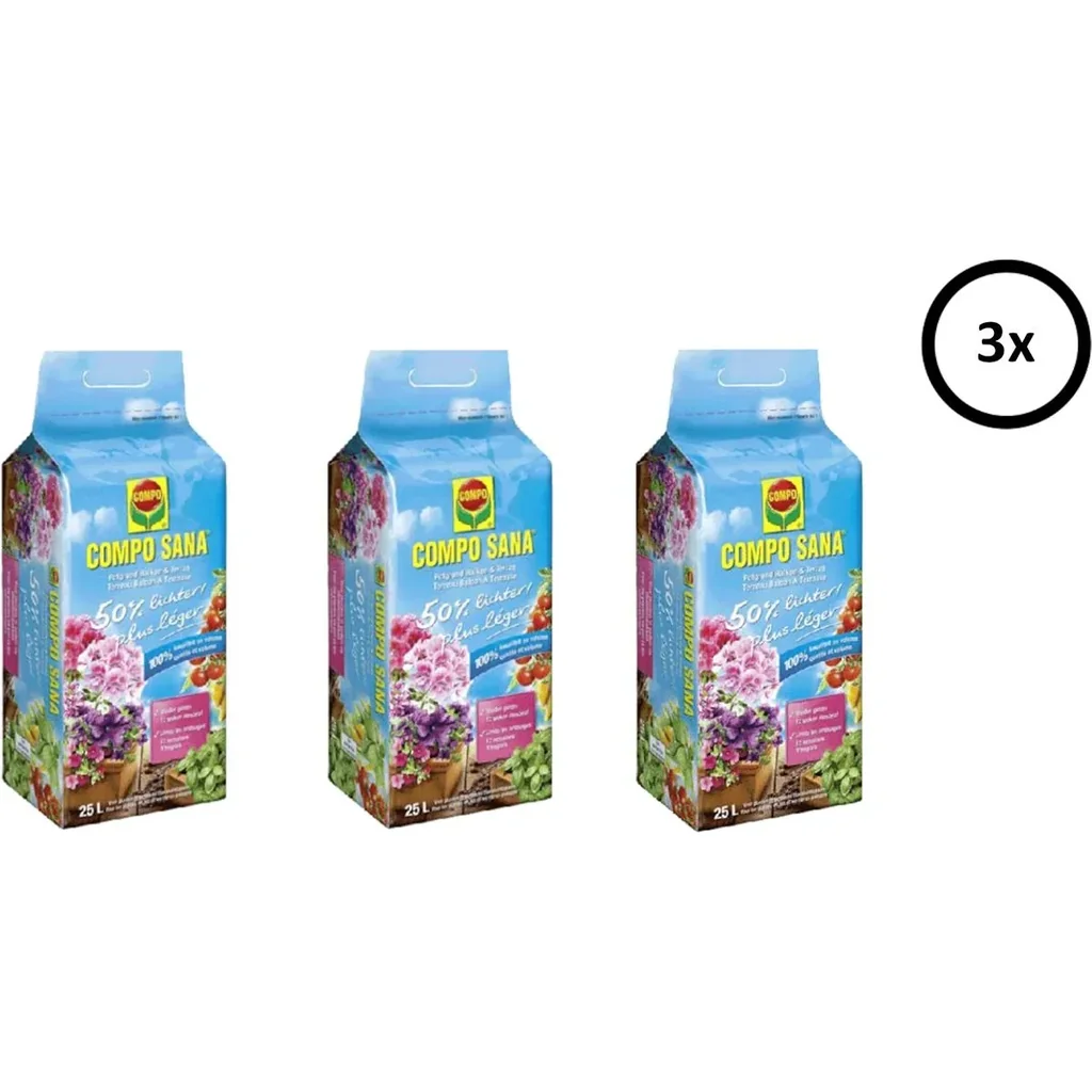 Sana Blumenerde - 25L - für Balkon und Terrasse - 50% heller - 3 Stück