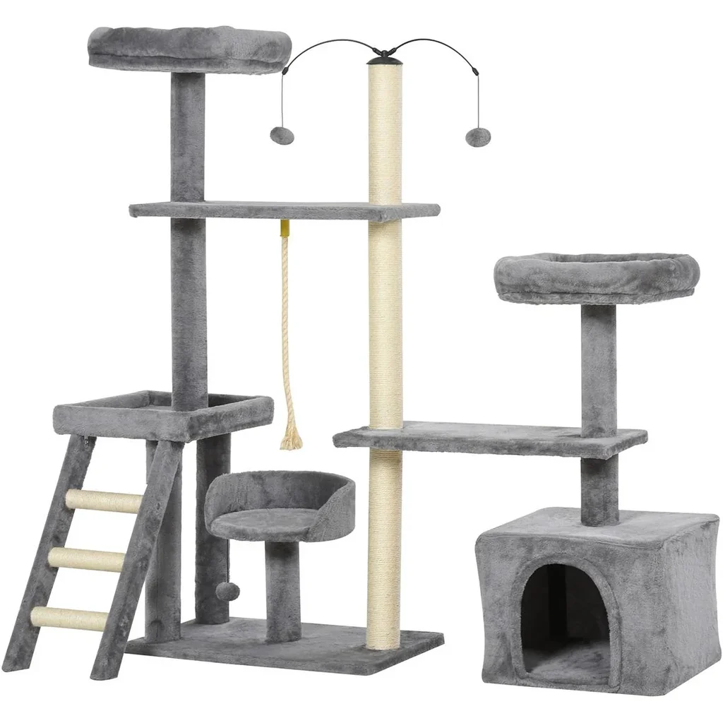 Katzen klettern auf einen mehrstufigen Baum, dunkelgrau