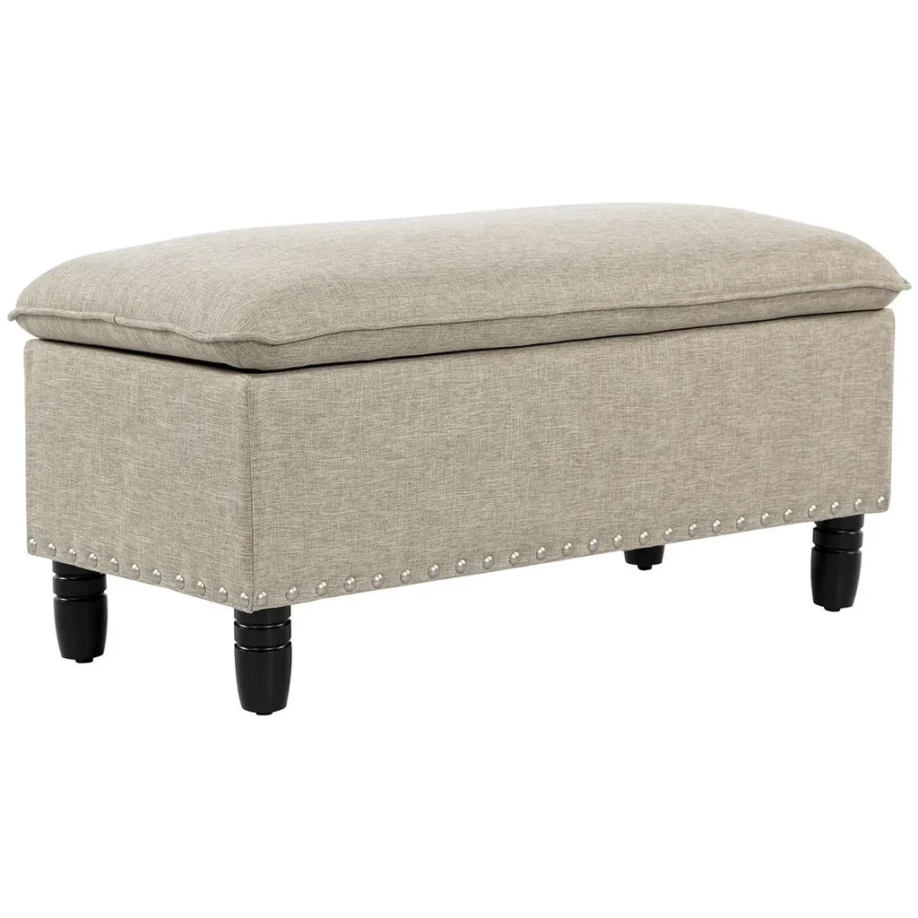 Sitzbank Polsterbank mit Stauraum Truhenbank Polyester Eukalyptusholz Beige 99 x 48 x 48 cm