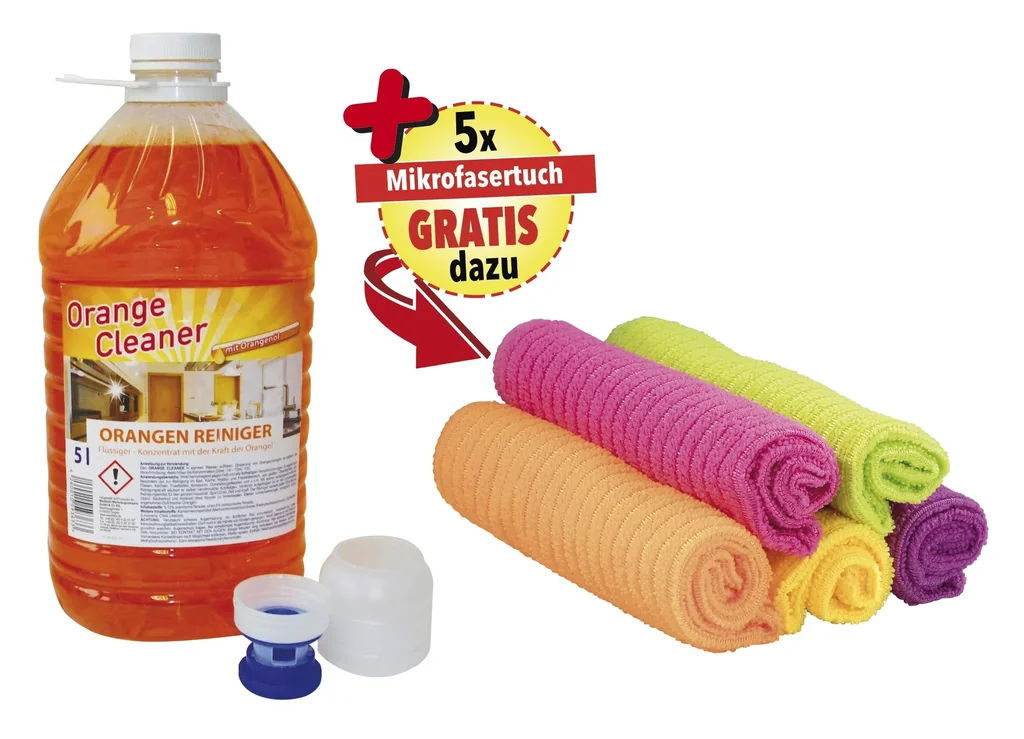 Orangenreinigerkonzentrat 5 Liter + Mikrofasertücher 6 Stück