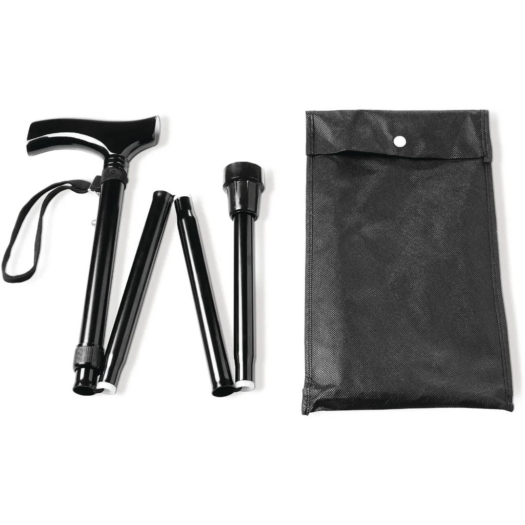 Klappbarer Gehstock für Senioren, zusammenklappbarer Spazierstock für ältere Menschen, leichtes Aluminium, ergonomischer Holzgriff, verstellbar 82–92 cm, rutschfeste Spitze, Handschlaufe, Tragetasche, Gehhilfe schwarz
