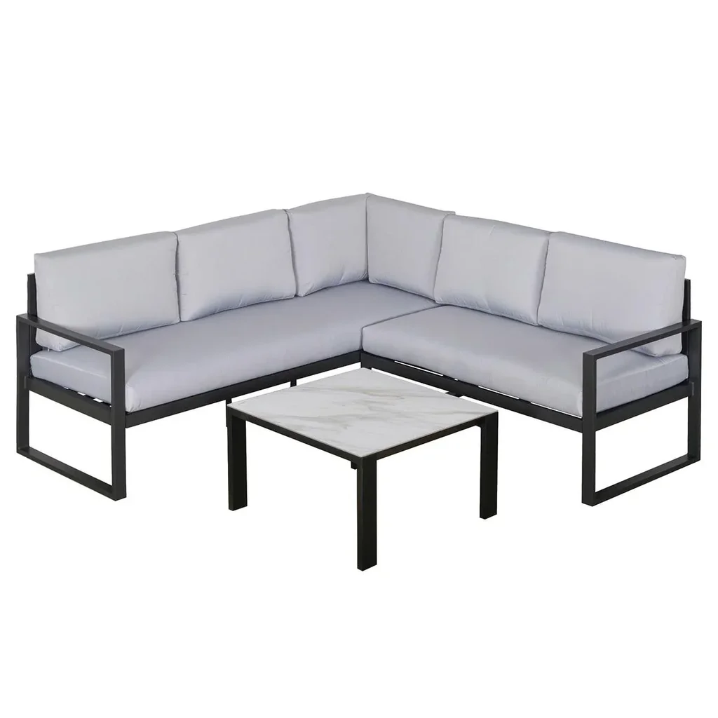 3-tlg. Gartengarnitur Gartenmöbel-Set Gartenset Sitzgruppe mit Couchtisch Sofa mit Kissen Outdoor Aluminium Grau