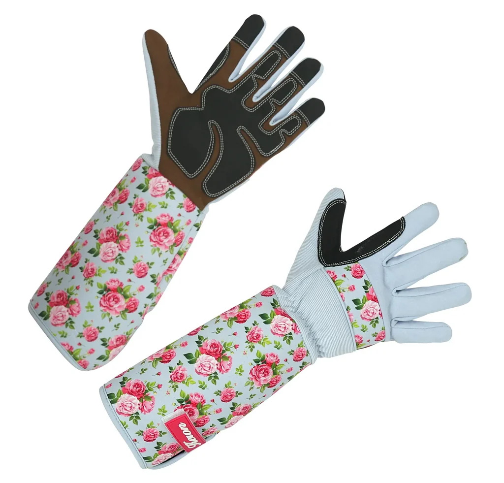 Rosenhandschuhe für Damen, Gr. 8/M, Rosen-Design, hellblau/pink, 1 Paar