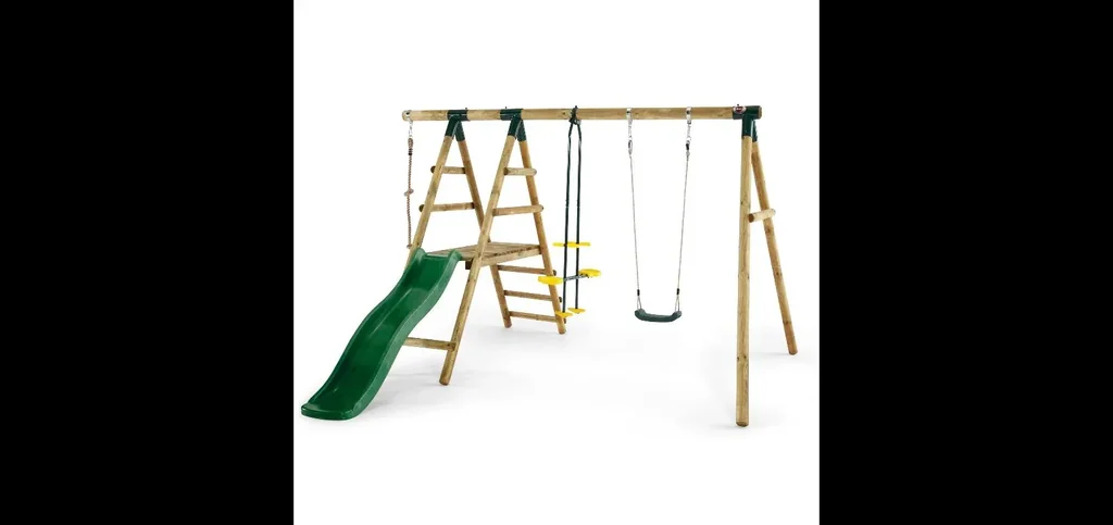 Holz Schaukelset Meerkat, Outdoor-Schaukelset, Kinder, Einzelschaukel, Kletterseil, Tellerwippe, Rutsche, natur