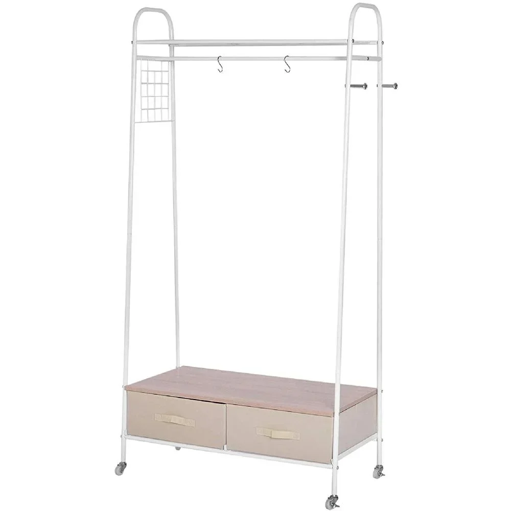 Kleiderständer Rollgarderobe mit Schubladen Hacken aus Metall+Holz weiß L99 x B47 x H185 cm