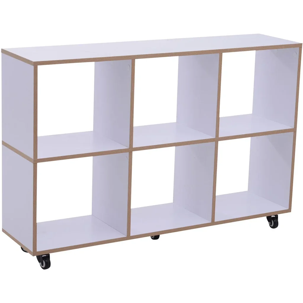 6 Fächer Rollregal Bücherregal Standregal mit 5 Rollen Holz Weiß 120 x 30 x 80 cm