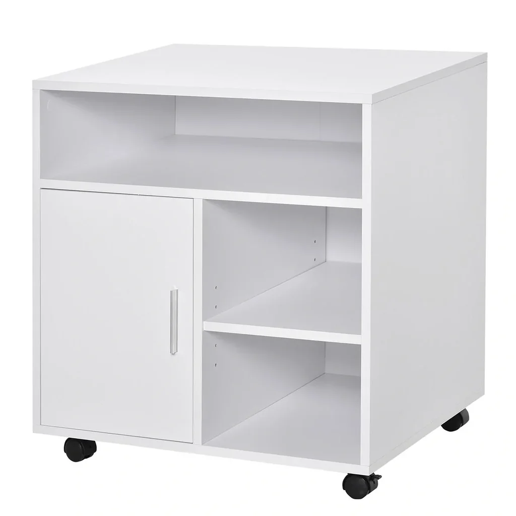 Druckerständer Druckertisch Bürowagen Rollwagen mit Schrank+Regale Spanlatte Weiß 60 x 50 x 65,5 cm