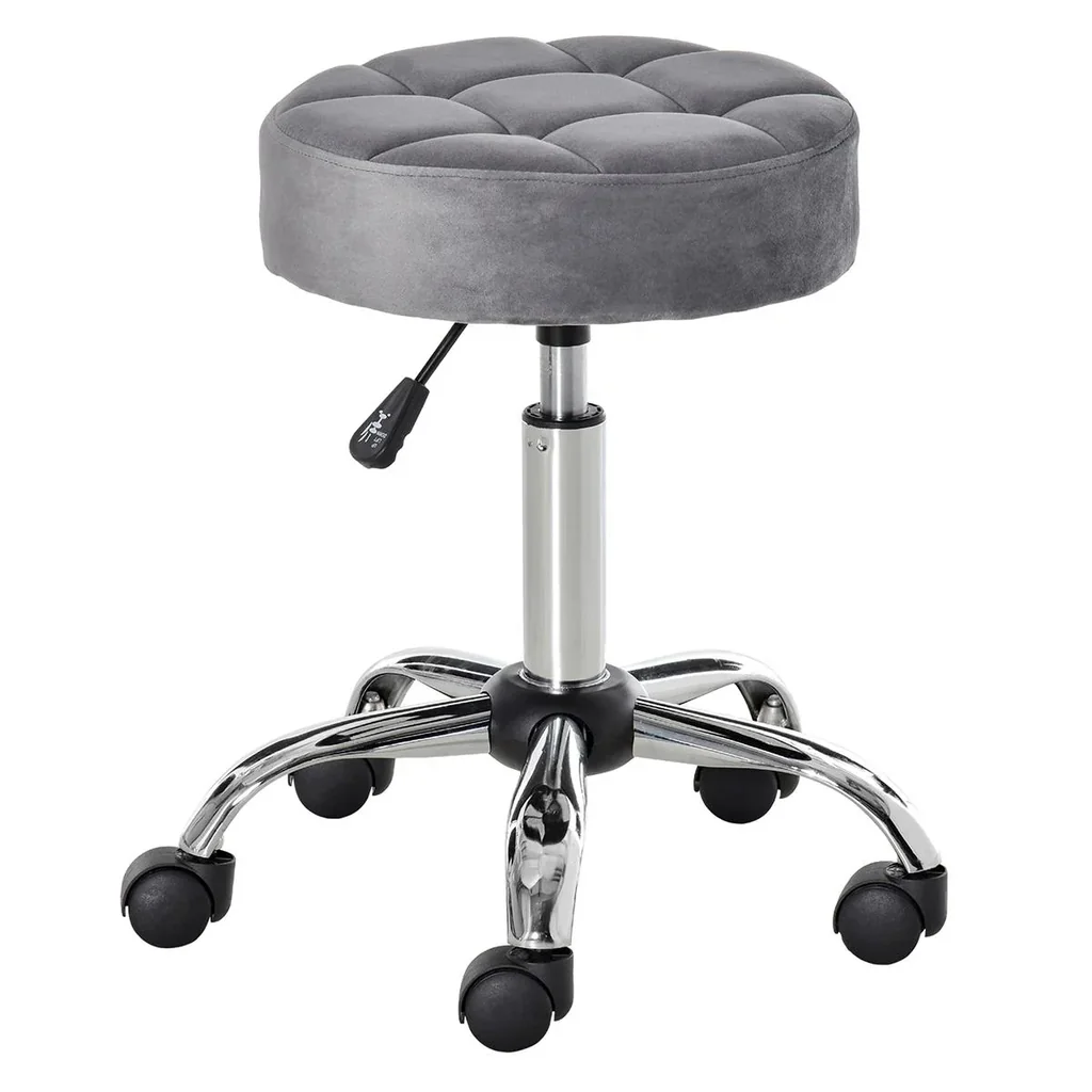 Salonstuhl mit Rädern Rollhocker höhenverstellbar drehbar Salon Hocker Samt-Touch Schaumstoff Chrom-Basis Grau 35 x 35 x