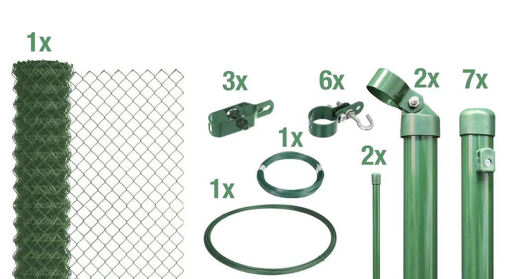 Maschendrahtzaun als Zaun-Komplettset, zum Einbetonieren, grün, Höhe 150 cm, Länge 15 m
