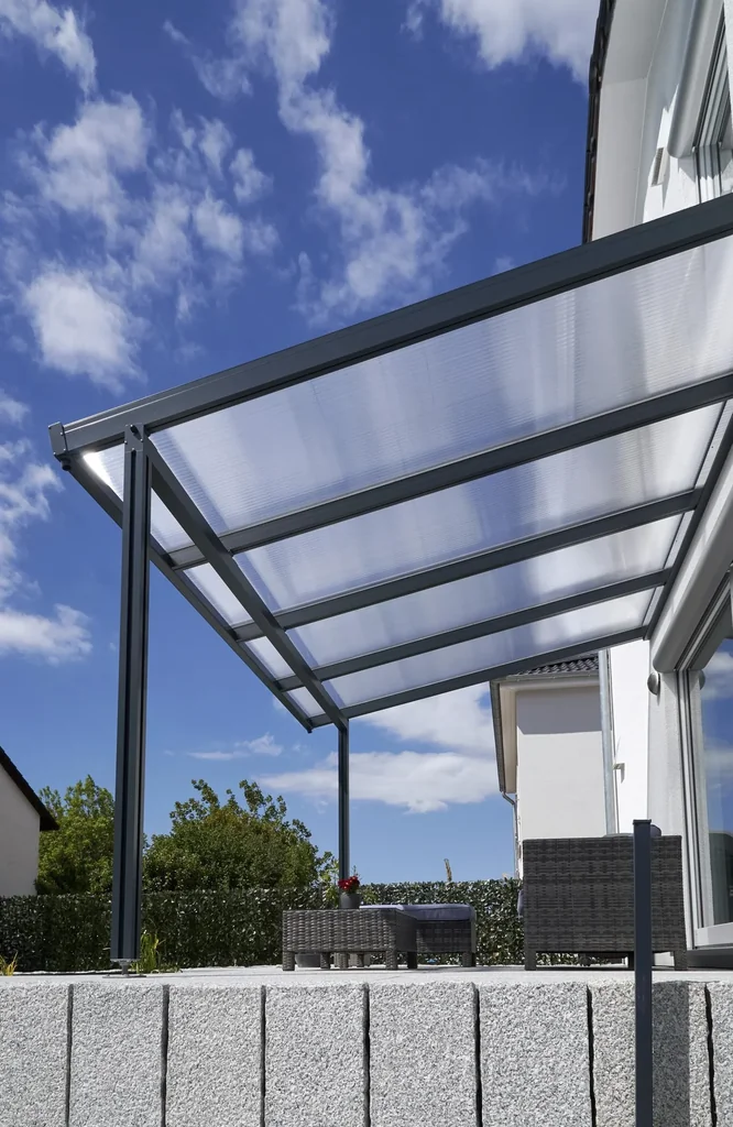 Terrassendach Premium, anthrazit, 4102 x 4060 mm - Polycarbonat Stegplatten 16 mm, opal
