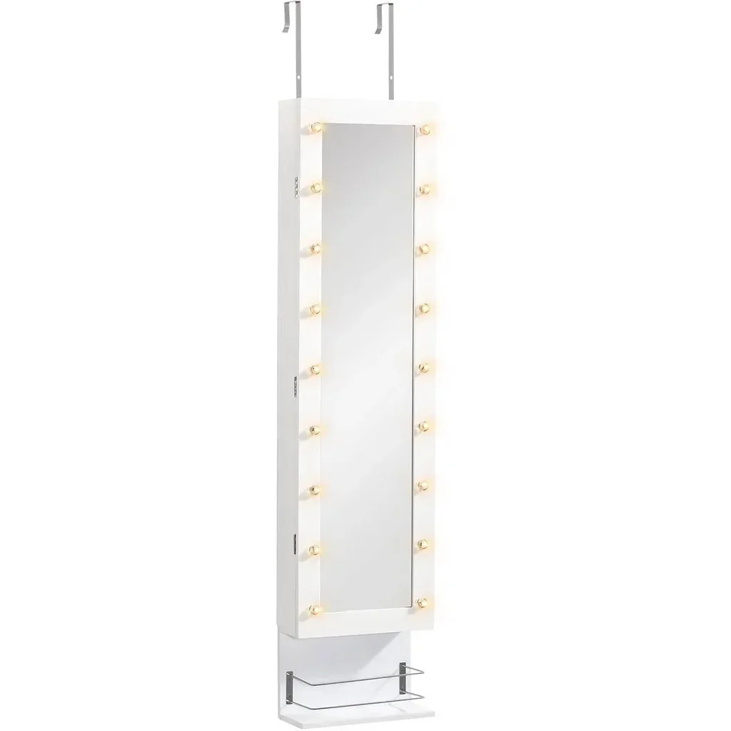 Hängender Schmuckschrank mit LED Spiegelschrank mit Schublade Regal Wandspiegel Türspiegel höhenverstellbar Weiß 130 cm
