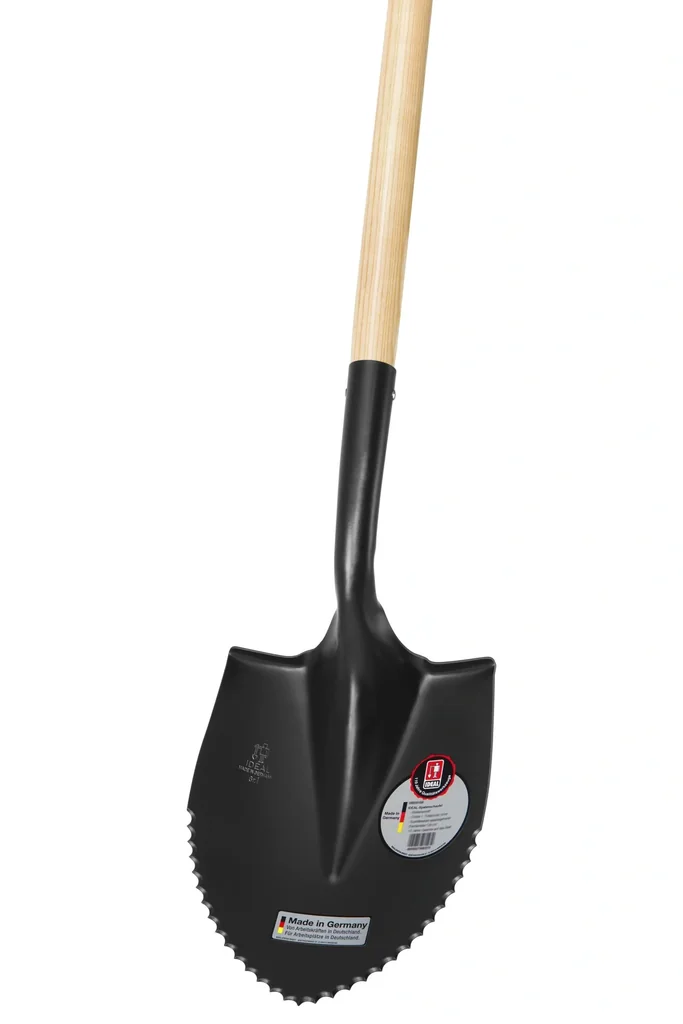 Spatenschaufel klein, Wellenschliff, Gr. 1, Trittschutz, gehärtet, schwarz pulverbeschichtet, Eschenstiel 120 cm