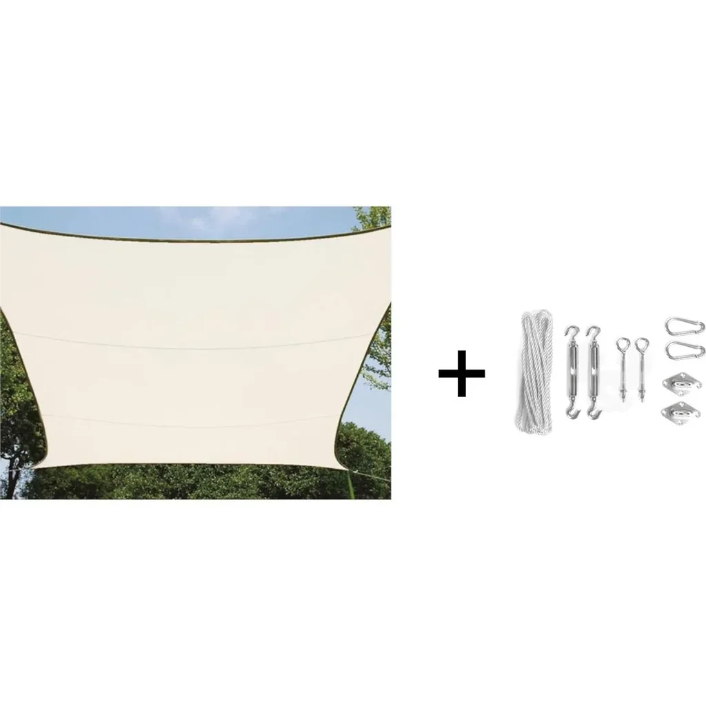 Schattentuch / Sonnensegel inklusive Perel-Befestigungskit - Rechteck - 2 x 3m - Creme