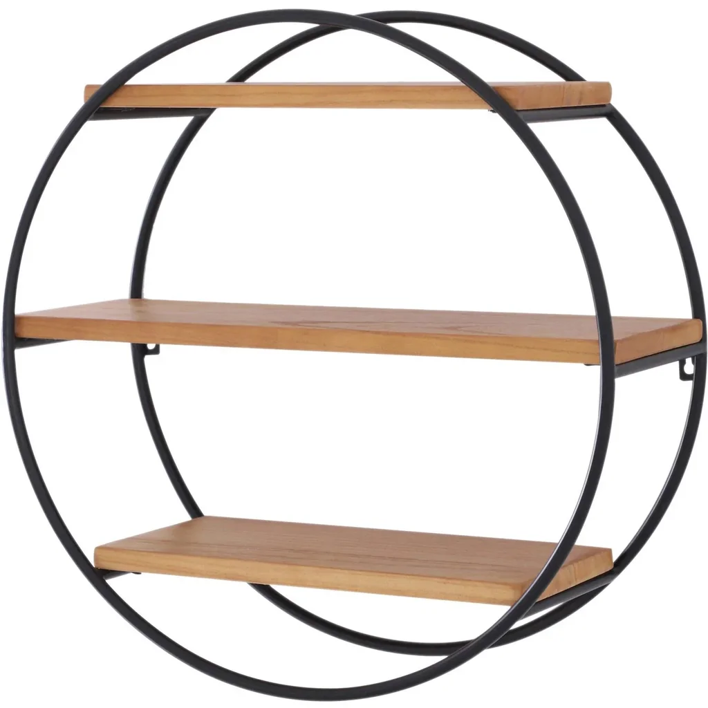 Wandregal Bücherregal Metallregal Hängeregal Dekoregal rund 3 Etage Metall + Holz Schwarz + Natur ?50 x 19cm
