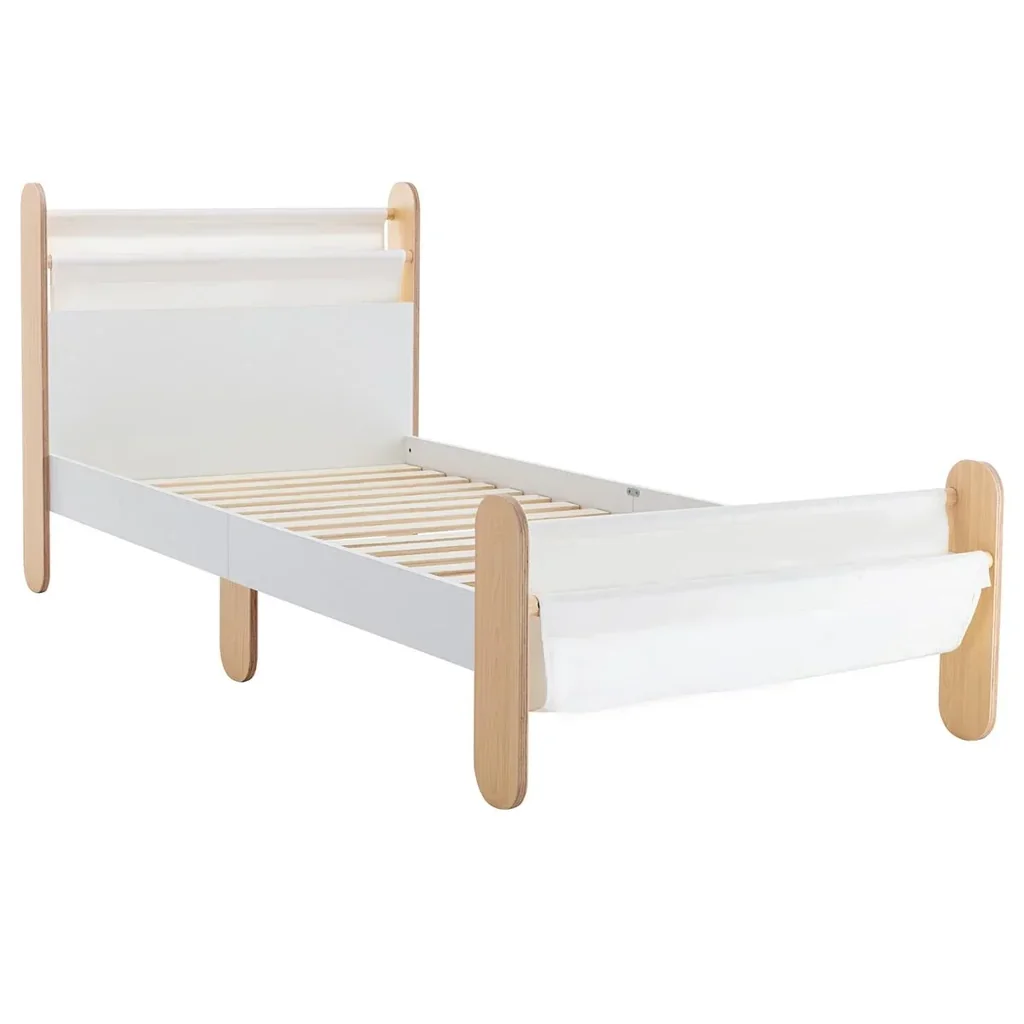 Kinderbett mit Betttasche Spielzeugtasche für 3+ Jahre Holzbett für Mädchen und Junge Kinderzimmer Holz Weiß+Natur 229 x