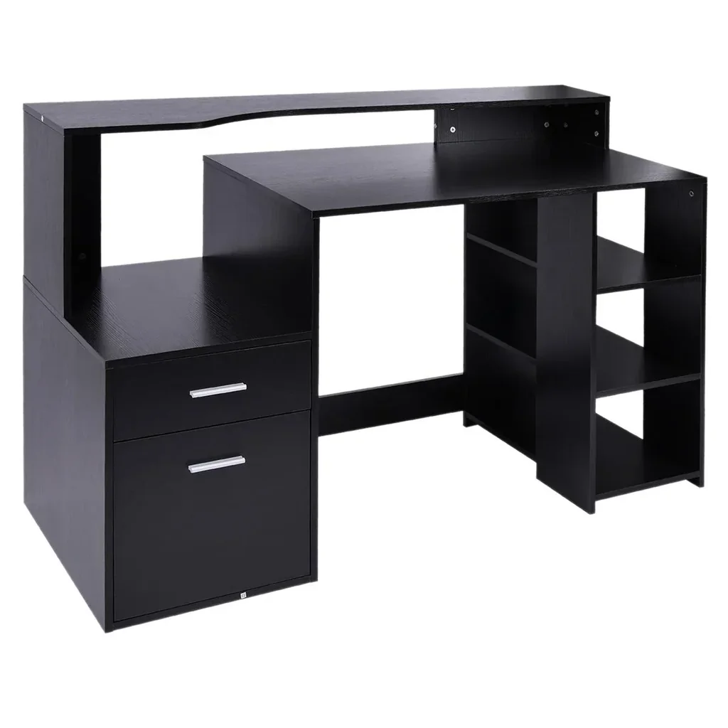 Schreibtisch mit Regal Computertisch Bürotisch mit Tischplatte für Drucker Schublade MDF Metall Schwarz 137 x 55 x 92 cm
