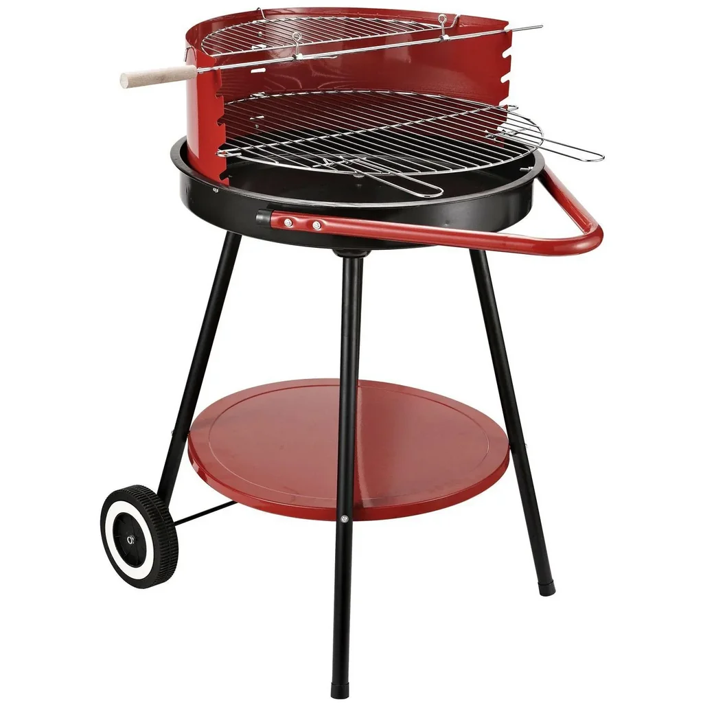 Holzkohlegrill Rundgrill auf Rollen mit Ablage Metall Rot
