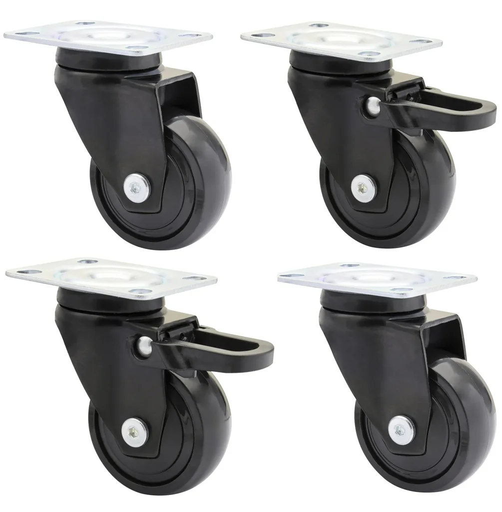Design 3C Lenkrollen 4 teiliges Set - Ø 50 mm, soft, schwarz, 2 Rollen mit & 2 ohne Feststeller, Tragkraft 50 kg / Rolle