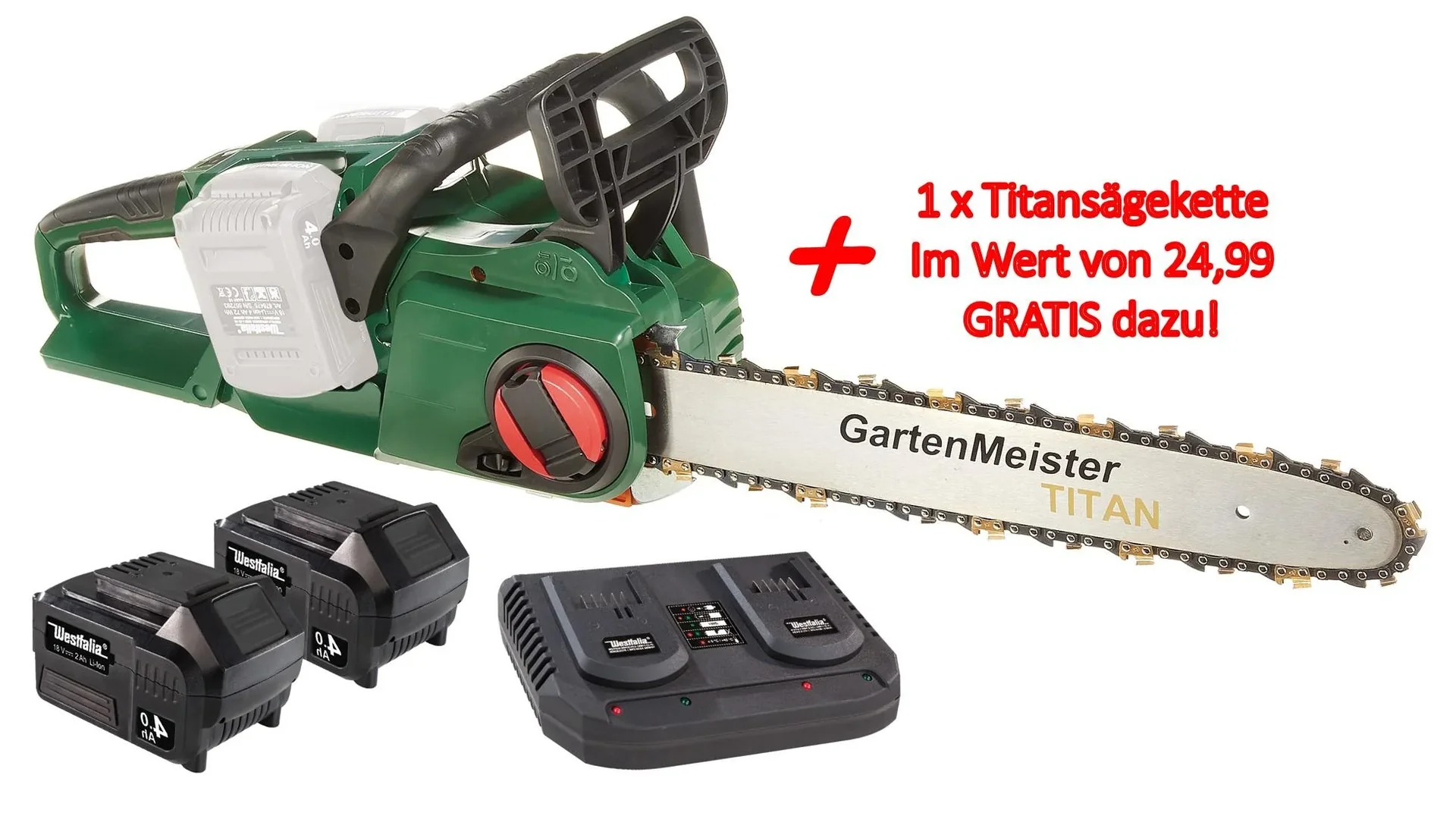 Set Akku-Kettensäge + 2 x Akku 4 Ah + Doppelschnell-Lader+Kette