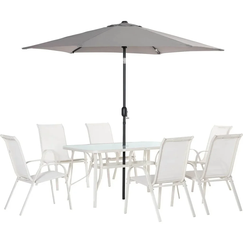 8-teiliges Gartenmöbel-Set mit Sonnenschirm, creme+hellgrau