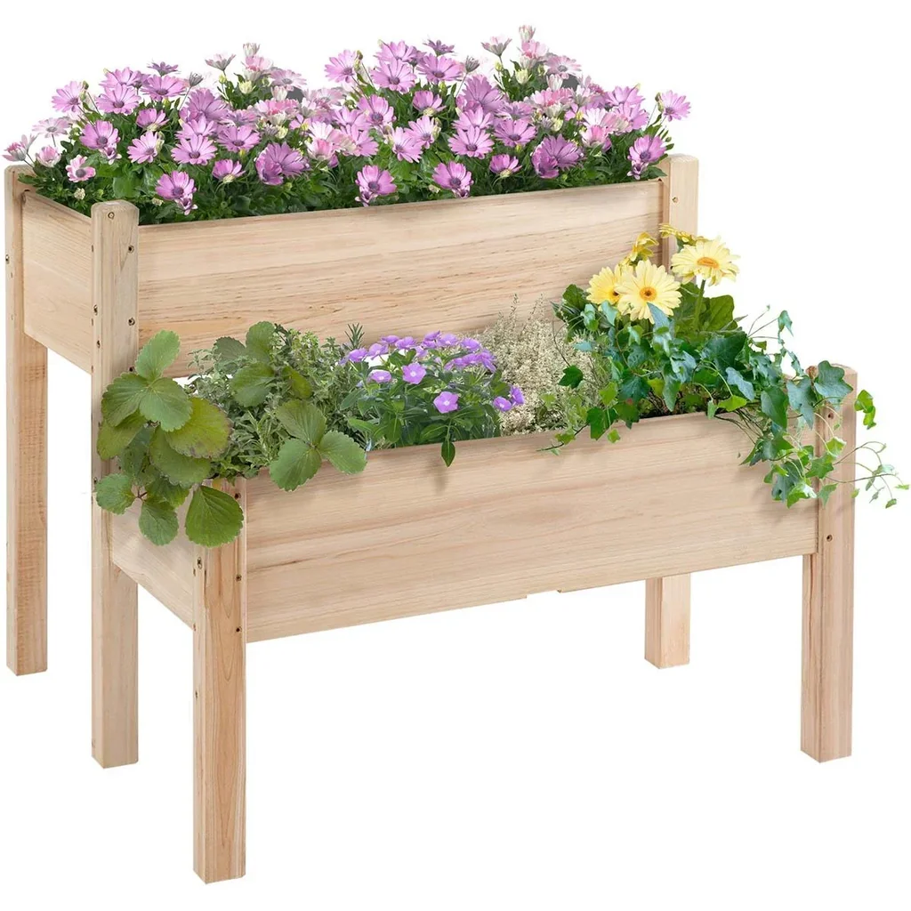 Hochbeet 2 Stufen Frühbeet Kräuterbeet Pflanzkasten mit 8 Abflusslöchern Massivholz Natur 86 x 85 x 72 cm